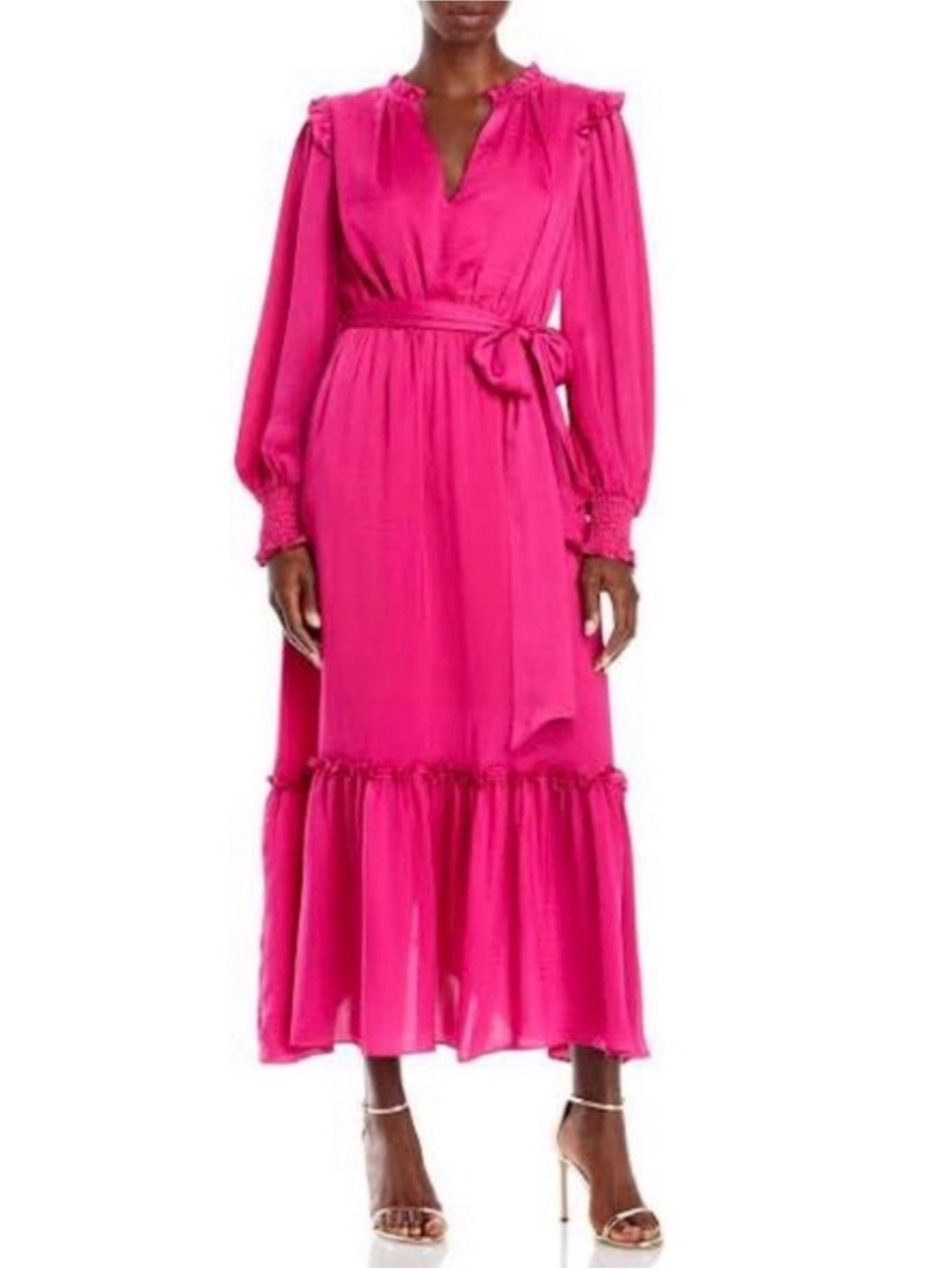 Aqua Satin Pink Fuchsia Maxi Dress XSmall XS Long Sleeve Prairie